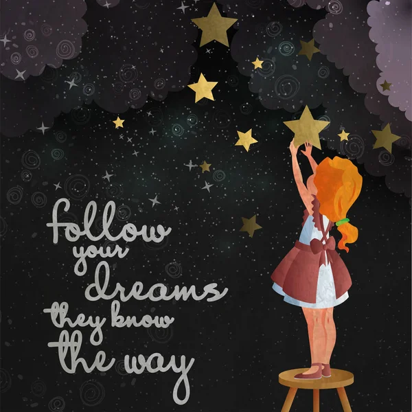 Girl hanging star to the night cloudy sky. "Follow your dreams they know the way" motivation lettering. Dreaming motivation concept illustration — Stock Vector