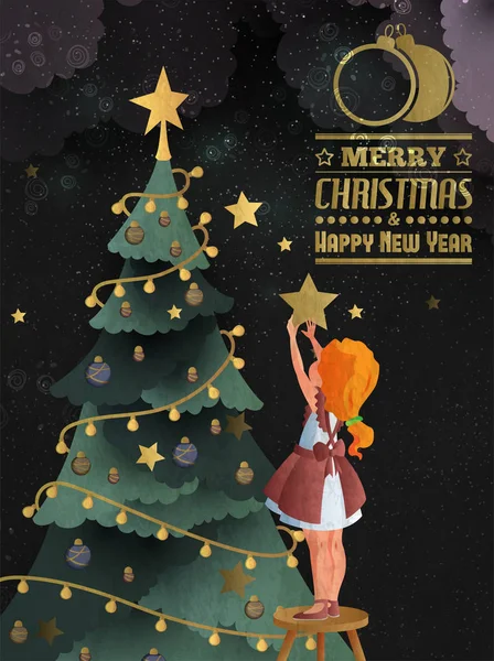 Little girl decorating christmass tree. New Year greeting card template — Stock Vector