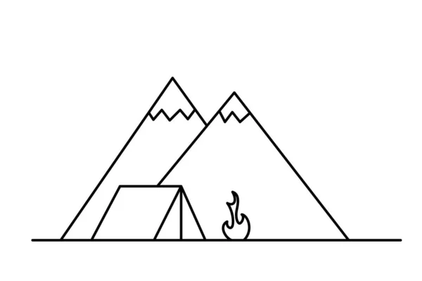 Dağlar, çadır ve kamp ateşiyle manzara. Açık havada seyahat konsepti. Çizgi sanatı vektör illüstrasyonu veya simgesi. — Stok Vektör