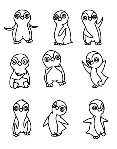 Coloring Book Penguin Different Poses — Stock Vector