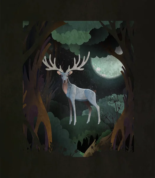 Fiaba Copertina Illustrazione Argento Cervo Fronte Alla Foresta Magica Oscura — Vettoriale Stock