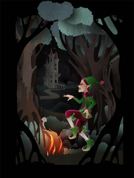 Rumpelstiltskin Karakteri Karanlık Orman Kalenin Önünde Ateşin Yanında Dans Ediyor — Stok Vektör