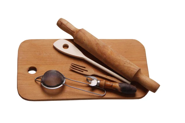 Isolated Kitchen Tools Wooden Board — Stock Photo, Image