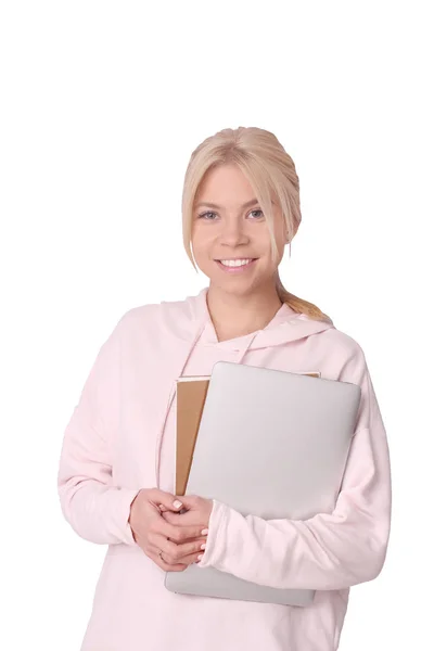 Isolated Student Standing Books Laptop — Stock Photo, Image