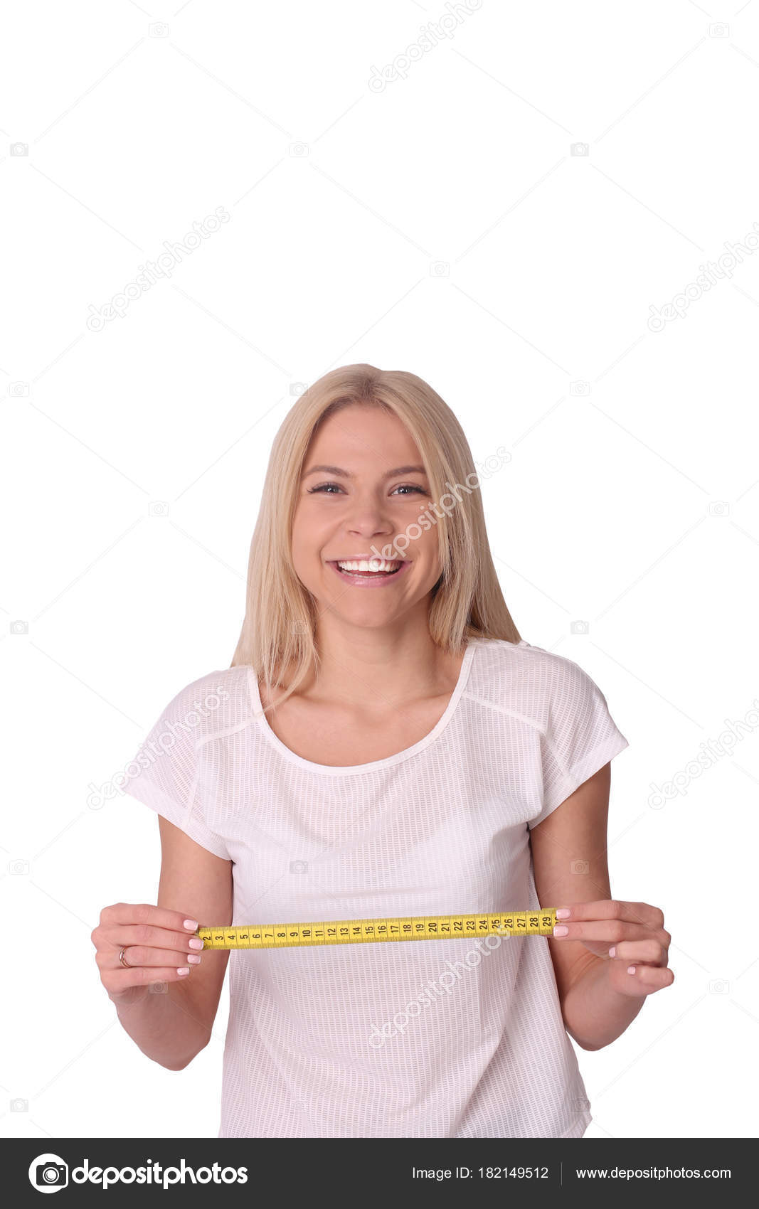 Isolated Happy Woman Metre Laughing Smiling Stock Photo By ©Golik.