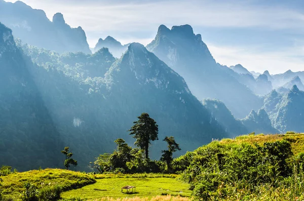 老挝坎斯特的山和蓝天。山前草地上的小家 — 图库照片