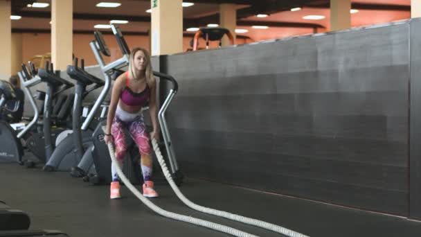 An attractive young and athletic girl using training ropes in a gym. — Stock Video