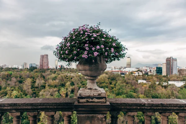 Stone vase on the railing of the old staircase. — Stock Photo, Image