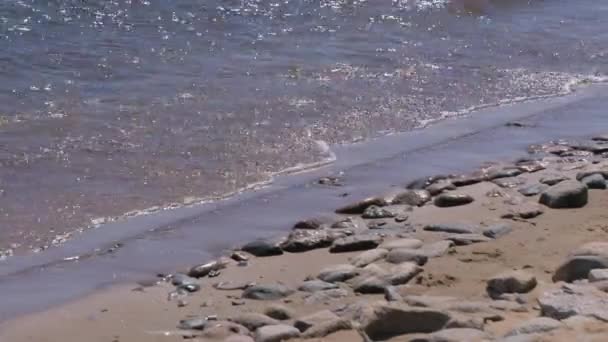 Kleine Wellen auf der Wasseroberfläche, gleißendes Sonnenlicht und Steine am Grund — Stockvideo