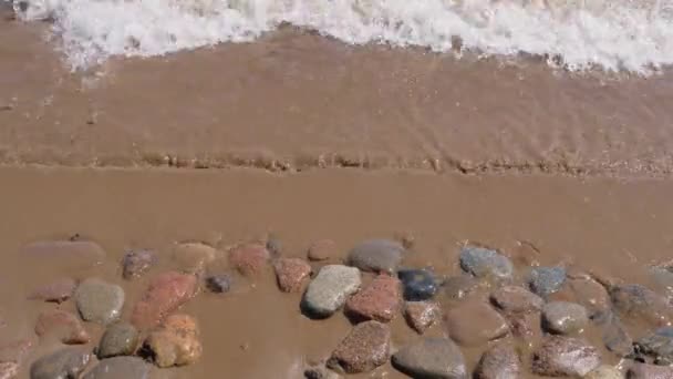 Pequeñas olas en la superficie del agua, resplandor del sol y piedras en el fondo — Vídeos de Stock