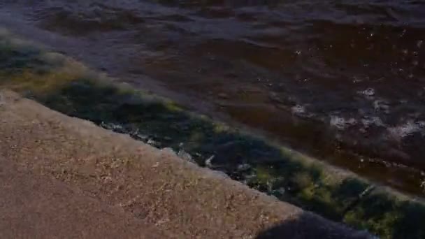 Golven slaan tegen granieten treden op de Neva dijk. Sint-Petersburg. Rusland — Stockvideo