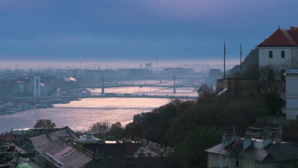 전 망대에서 새벽 부 다 페스트의 교각들을 바라본다. 헝가리 — 비디오