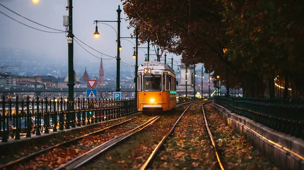 A yellow tram travels on route number 2 along the banks of the Danube. Cloudy autumn evening in Budapest. — Stock Photo, Image