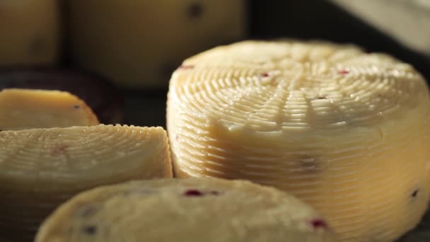 Κεφαλές τυριού σε ξύλινο ράφι σε εργοστάσιο τυριών. — Αρχείο Βίντεο