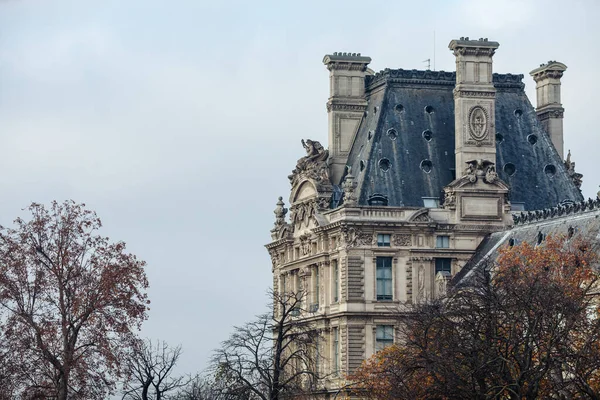 Sonbahar ağaçlarının arasından Louvre Müzesi 'nin çatısına bak.. Telifsiz Stok Imajlar