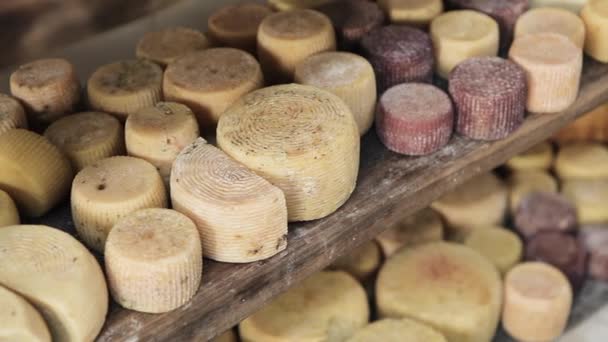 Головки сыра на деревянной полке на сырном заводе . — стоковое видео