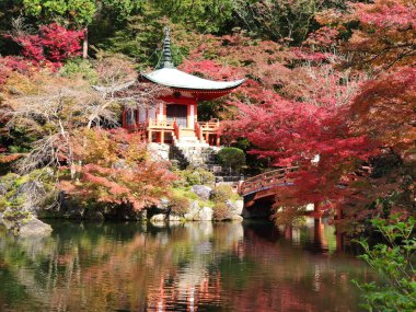Kyoto, Japonya - 17 Kasım 2019: Bentendo Salonu (yaklaşık 1930) ve sonbahar renklerinde Daigo-ji Tapınağı Benten-ike göleti. Unesco Dünya Mirası Alanı, özellikle sonbaharda popüler bir turizm merkezi. 