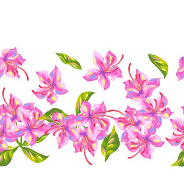 Seamless pattern with rhododendron flowers. Bright buds and leaves