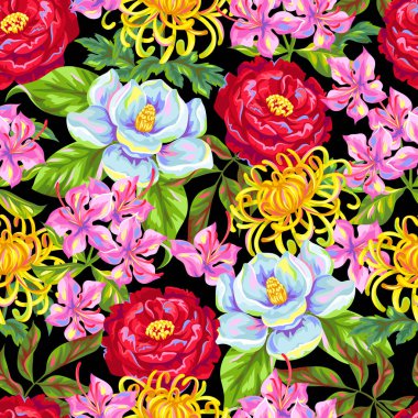 Seamless pattern with China flowers. Bright buds of magnolia, peony, rhododendron and chrysanthemum