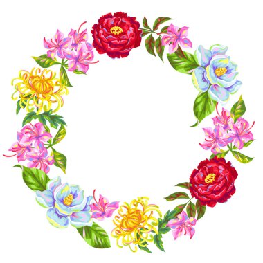 Wreath with China flowers. Bright buds of magnolia, peony, rhododendron and chrysanthemum