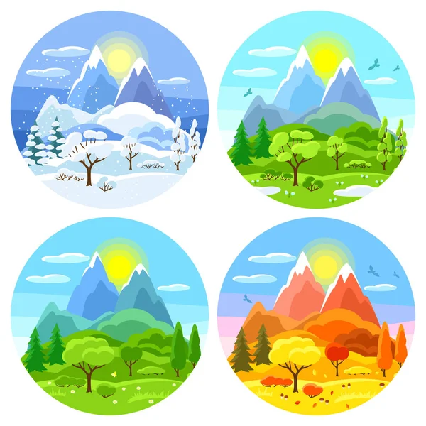 Four seasons landscape. Illustrations with trees, mountains and hills in winter, spring, summer, autumn.