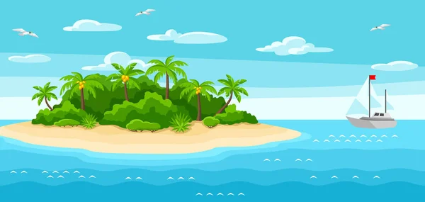 Illustration of tropical island in ocean. Landscape with ocean, palm trees and yacht. Travel background