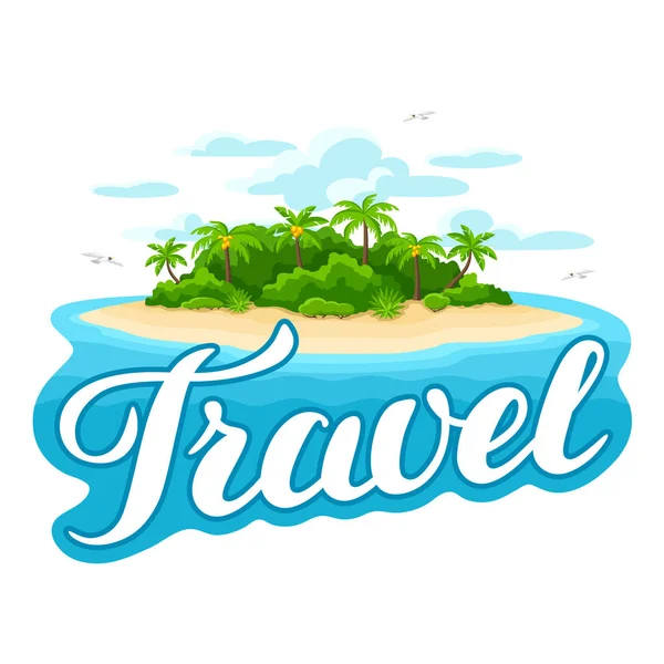 Illustration of tropical island in ocean. Landscape with ocean and palm trees. Travel background