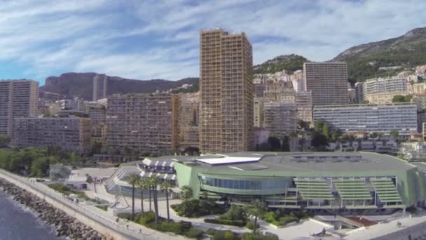 Ciudad de Mónaco Monte Carlo Puerto de vuelo Drone yahts sea flats — Vídeo de stock