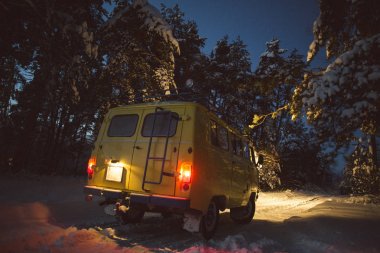 vintage ussr yellow van winter snow forest clipart