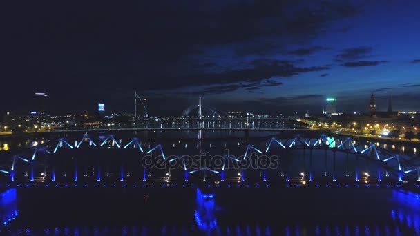 Riga city Night time bridge Autumn Drone flight — Stock Video