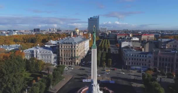 Riga city day time bridge Autumn Drone flight Milda — Stock Video