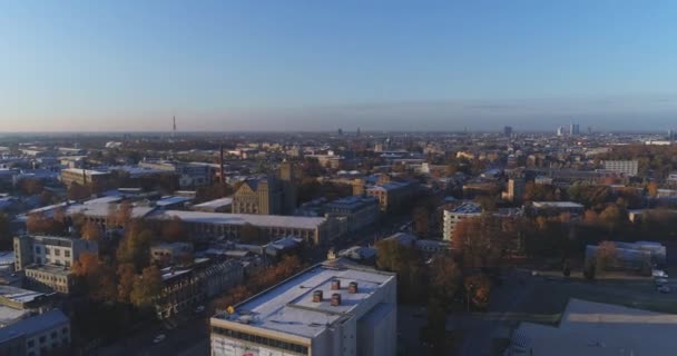 Riga city Autumn sunrise buildings living houses Drone — Stock Video