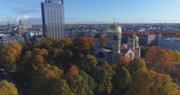 Riga city Autumn sunrise buildings living houses Drone — Stock Video