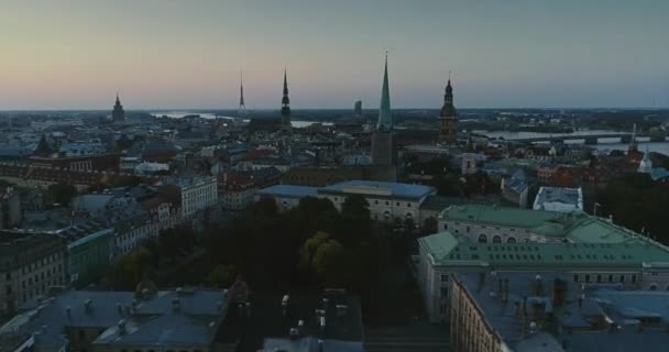 Riga city Old Down Town Autumn Drone Flight sunset morning — Stock Video