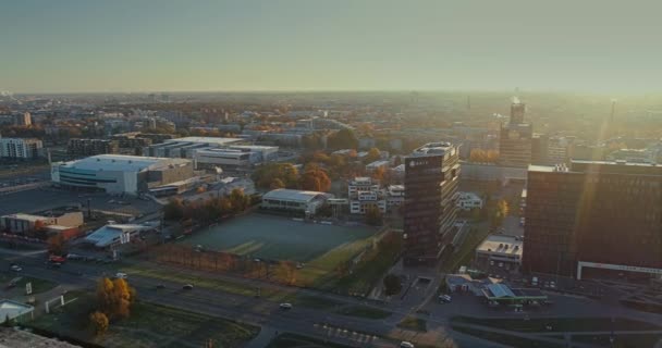 Riga city Autumn buildings living houses Drone flight sunny day — Stock Video