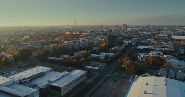 Riga city Autumn buildings living houses Drone flight sunny day — Stock Video