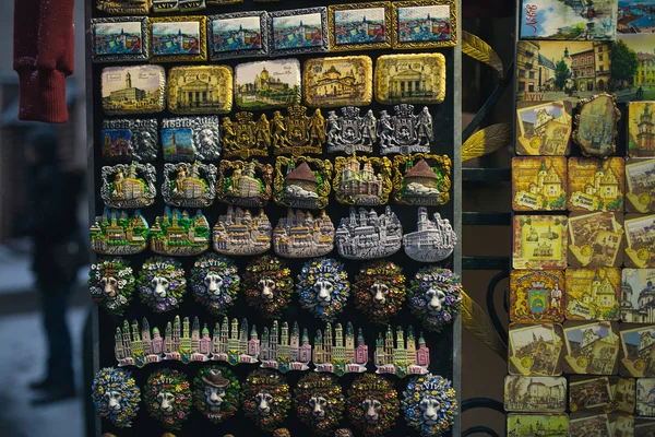 Lviv City magnets on the street winter shop — Stock Photo, Image