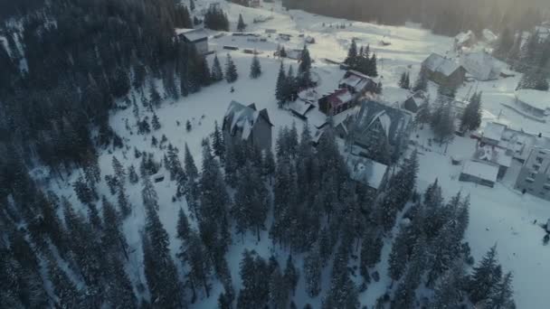 Vinter snö Bukovel staden skogen sunrise drone flygning i bergen — Stockvideo