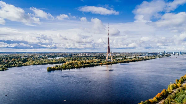 Riga City TV Tower Autumn Drone flight above and sunrise — Fotografia de Stock