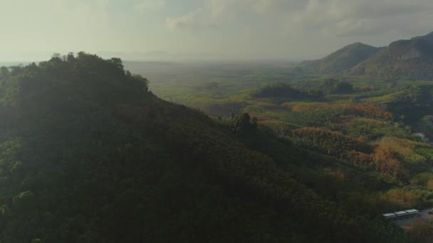 Tropický thajský cheo lan dlouhé národního parku džungle slunce dron letu, divoké hory příroda strom a palm — Stock video