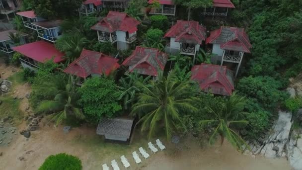 Thailand sea islalnd beach houses drone flight, wild mountains nature tree and palm — Stock Video