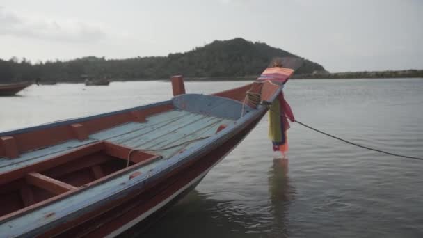 Tropisk thailändsk djungel sjö Cheo lan trä båt, vilda berg natur nationalpark fartyg yacht stenar — Stockvideo