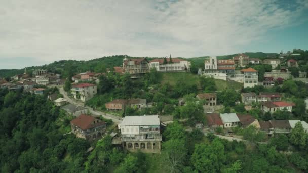 Signagi kale kilise Kafkas Dağları nehir beyaz güzellik doğa Gürcistan hayvanlar waterwall dron 4k — Stok video