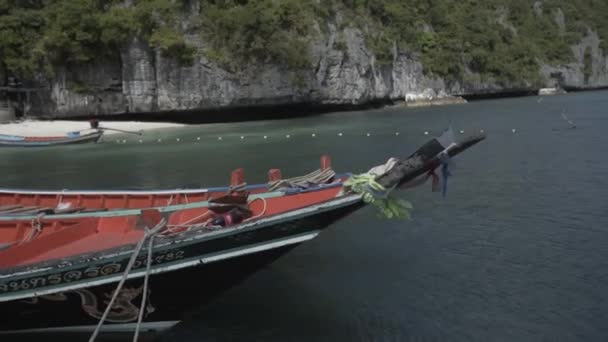 乘船, 热带泰国丛林湖 Cheo 兰, woodrn 山自然, 国家公园船舶游艇岩石 — 图库视频影像