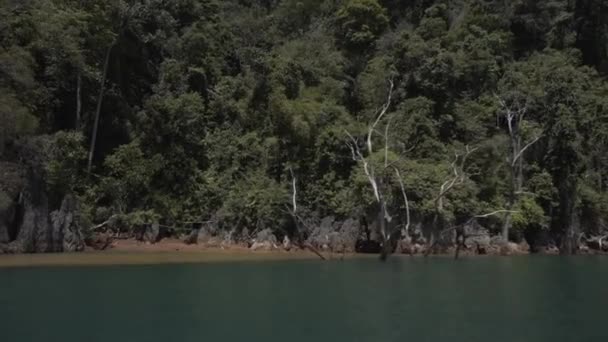 Tropical Thai jungle lake Cheo lan, island, wild mountains nature national park ship yacht rocks — Stock Video