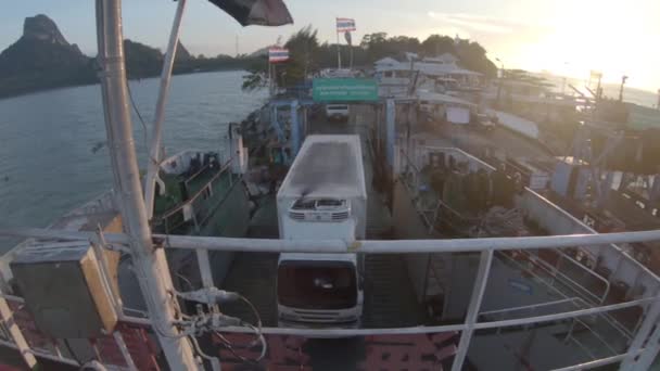 Cars sunset lifeboat ferry ship, deck, equipment, Lifebuoy shipping, survival, south, catastrophe, emergency, orange, rescue — Stock Video