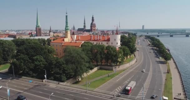 Riga city Old Down Town summer Drone Flight over Daugava river — Stock Video