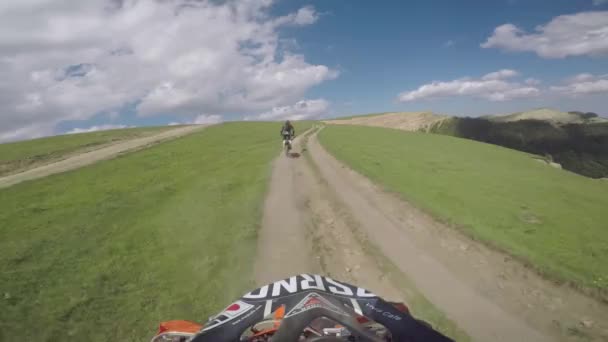 Bike nature Enduro journey with dirt bike high in the Caucasian mountains, hills, valleys — Stock Video