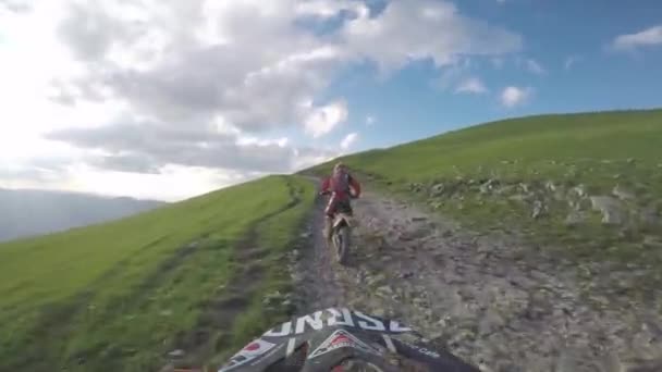 Bike nature Enduro journey with dirt bike high in the Caucasian mountains, hills, valleys — Stock Video