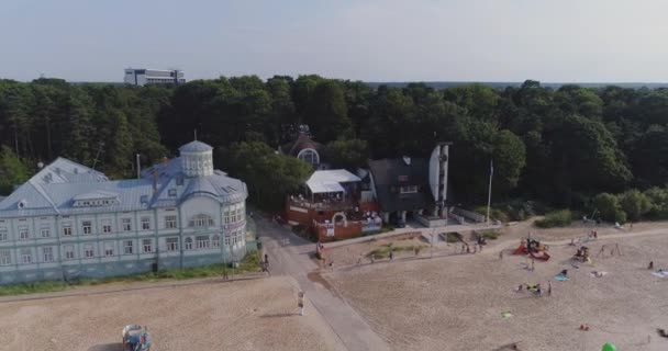 Jurmala sea drone aerial beach flight, summer time wedding Latvia hotel water peoples, clouds — Stock Video